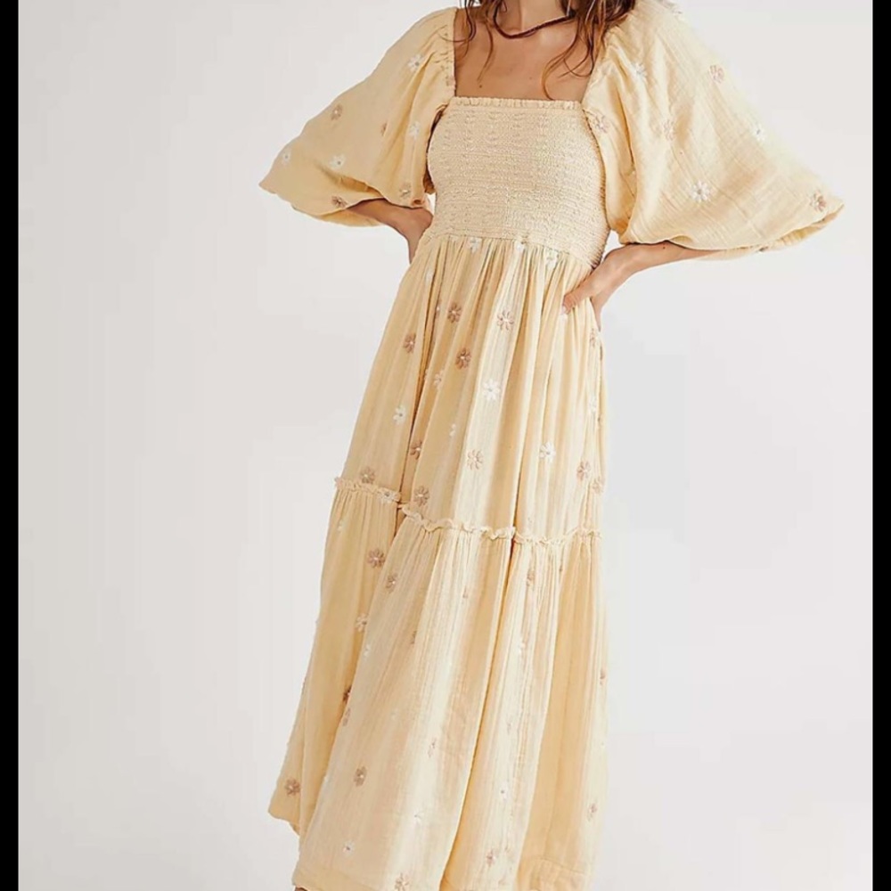 Free People Pale Yellow Floral Embroidered Maxi Dress